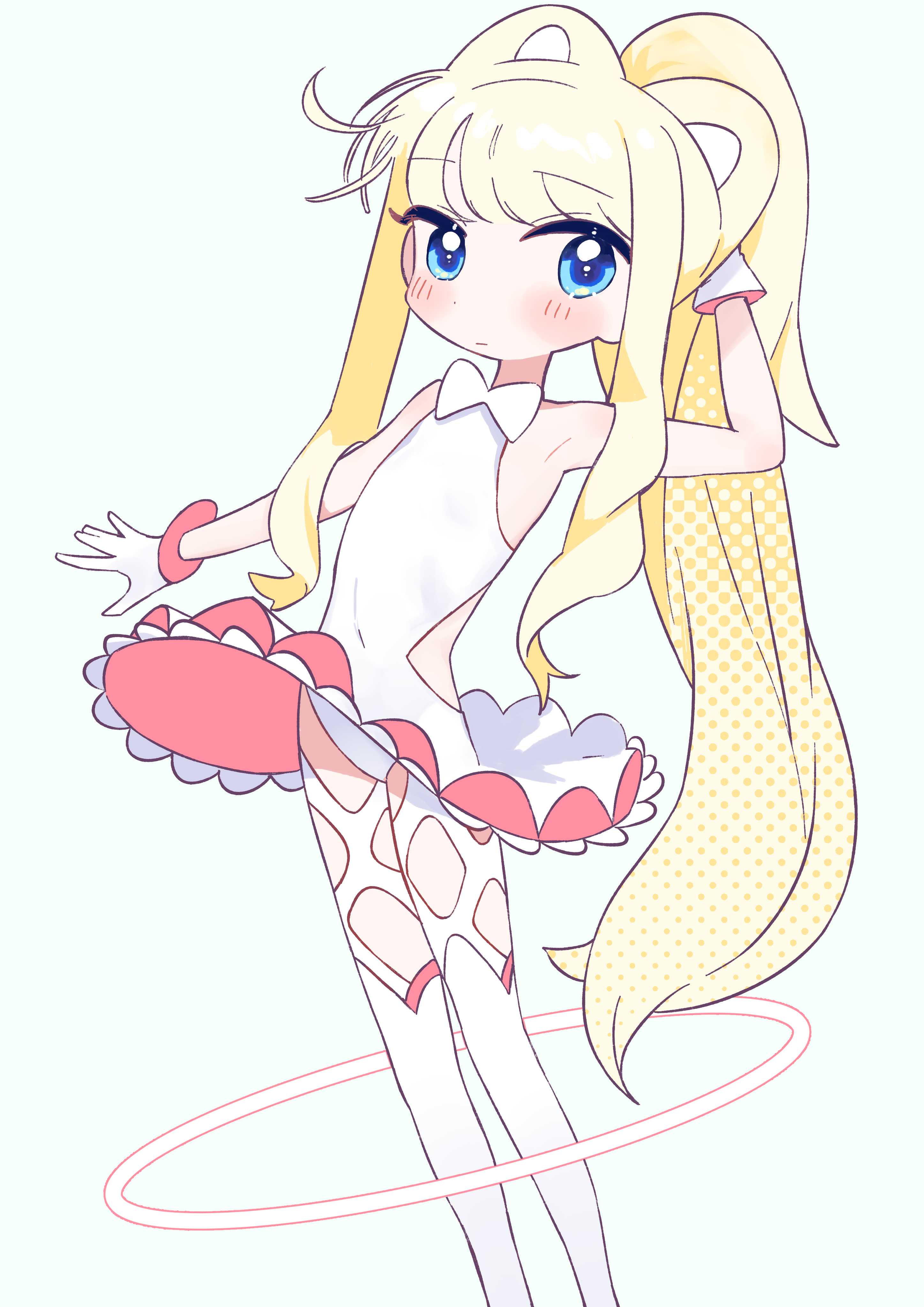 yabasoba, original, absurdres, commentary request, highres, 1girl, animal ears, bare shoulders, blonde hair, blue eyes, blush, expressionless, flat chest, leotard, long hair, looking at viewer, ponytail, solo, thighhighs, tutu, very long hair, white leotard, white thighhighs