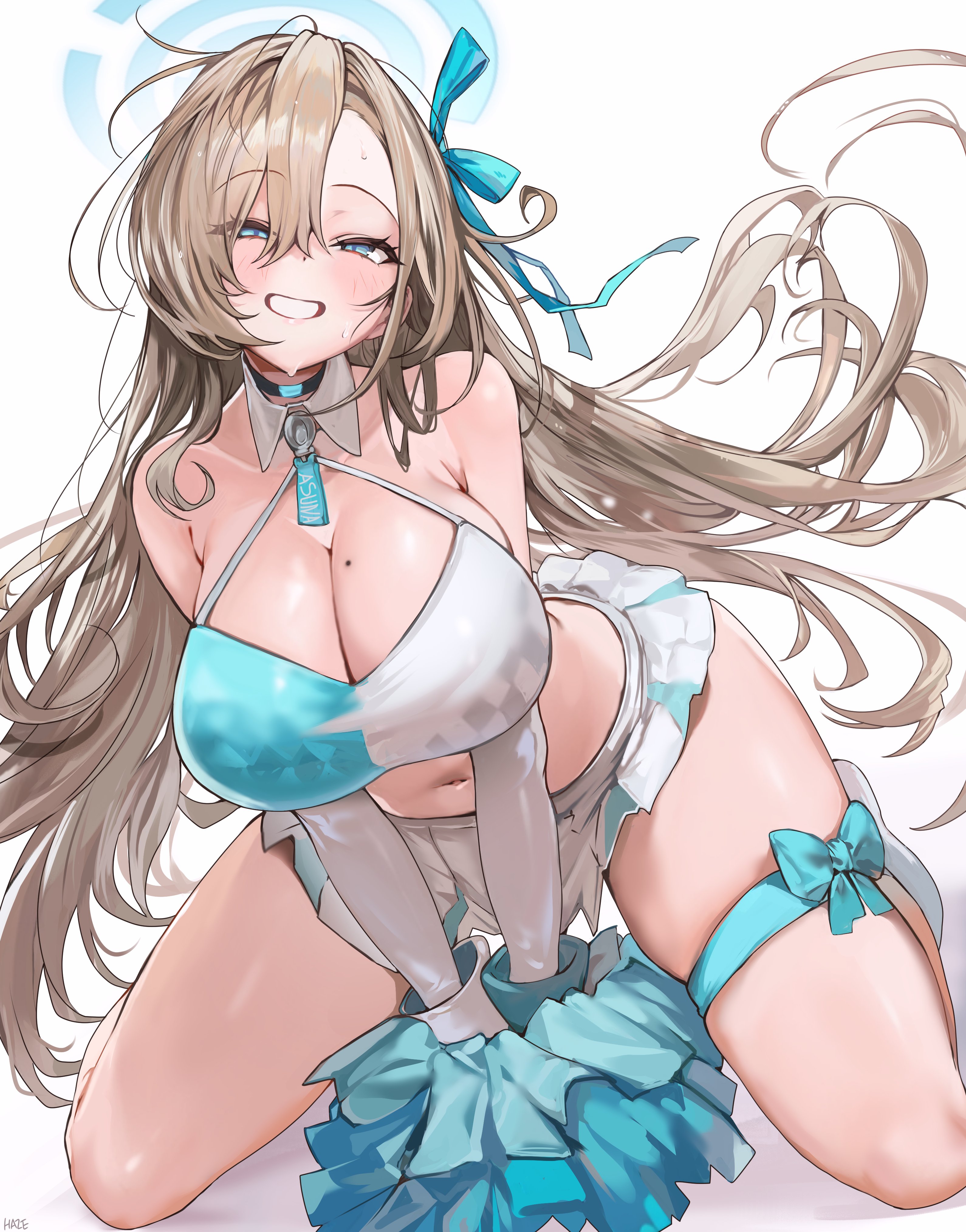 haze (ohw8g), asuna (blue archive), blue archive, absurdres, duplicate, hashtag-only commentary, highres, pixel-perfect duplicate, 1girl, all fours, alternate costume, bare shoulders, black choker, blue eyes, blue halo, blue ribbon, blush, breasts, brown hair, choker, cleavage, crop top, elbow gloves, floating hair, gloves, hair between eyes, hair ribbon, halo, large breasts, long hair, looking at viewer, millennium cheerleader outfit (blue archive), navel, pleated skirt, pom pom (cheerleading), ribbon, simple background, skindentation, skirt, smile, solo, stomach, thighs, very long hair, white background, white gloves, white skirt