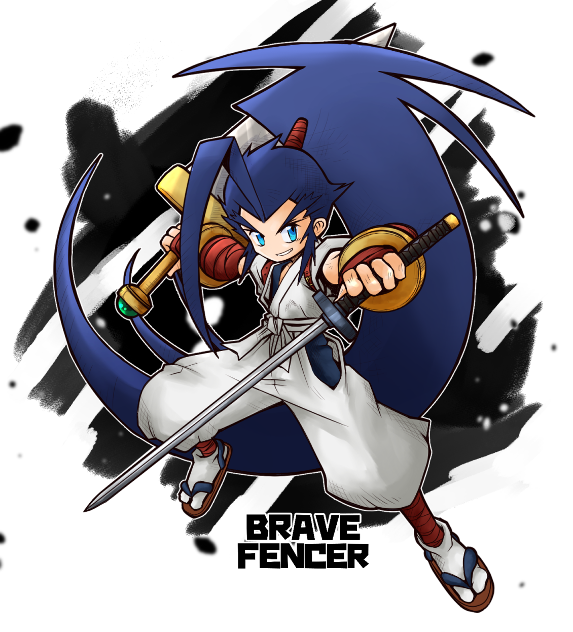 sakurajyousui nami, musashi (musashiden), brave fencer musashiden, highres, 1boy, ahoge, blue eyes, blue hair, copyright name, dual wielding, holding, holding sword, holding weapon, huge ahoge, katana, long hair, male focus, ponytail, sandals, socks, sword, very long hair, weapon, white background, white socks