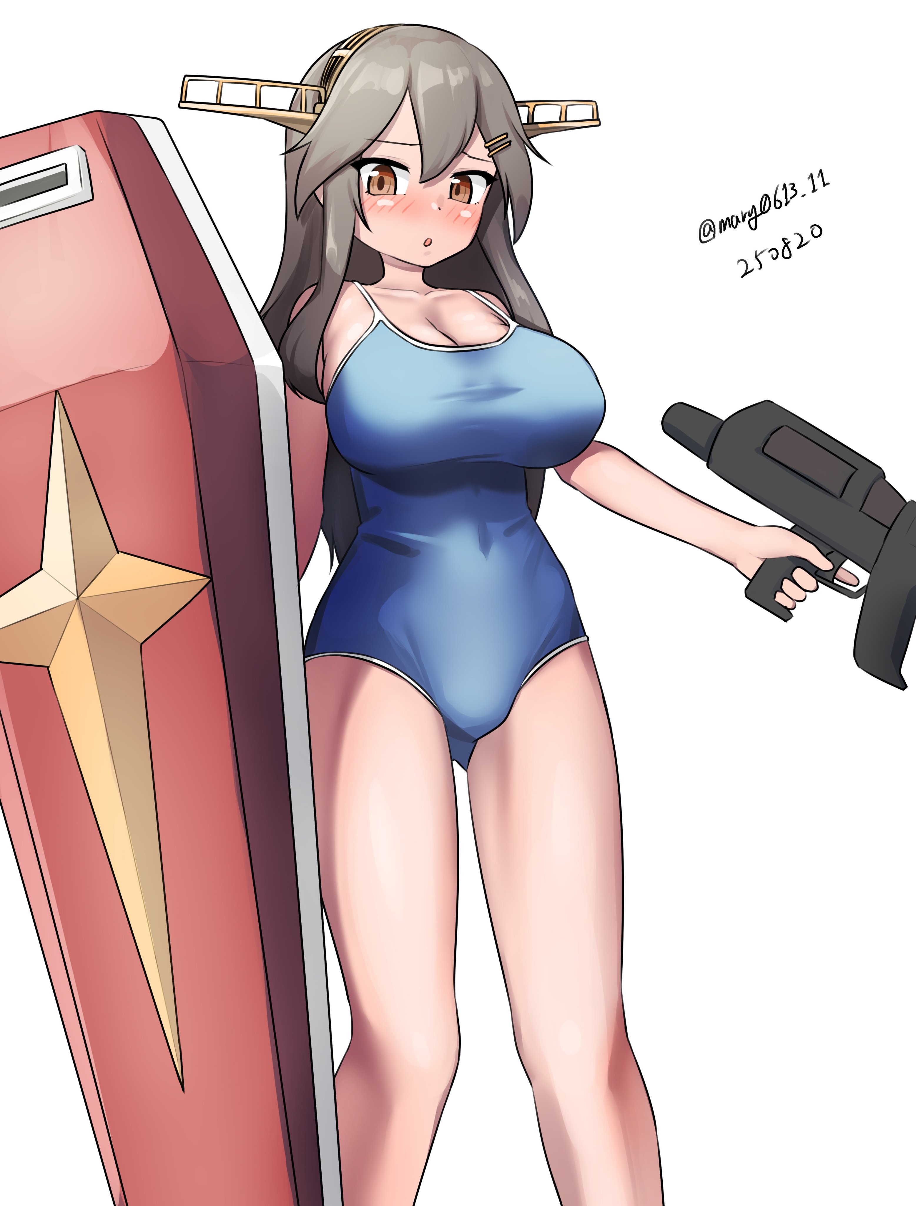 maru (marg0613), haruna (kancolle), rx-78-2 gundam, kantai collection, absurdres, highres, 1girl, bare shoulders, beam rifle, black hair, blue one-piece swimsuit, blush, breasts, brown eyes, collarbone, competition school swimsuit, cosplay, covered navel, cowboy shot, dated, energy gun, hair ornament, hairband, hairclip, large breasts, long hair, looking at viewer, one-piece swimsuit, rx-78-2 gundam (cosplay), school swimsuit, shield, smile, solo, swimsuit, twitter username, weapon, white background