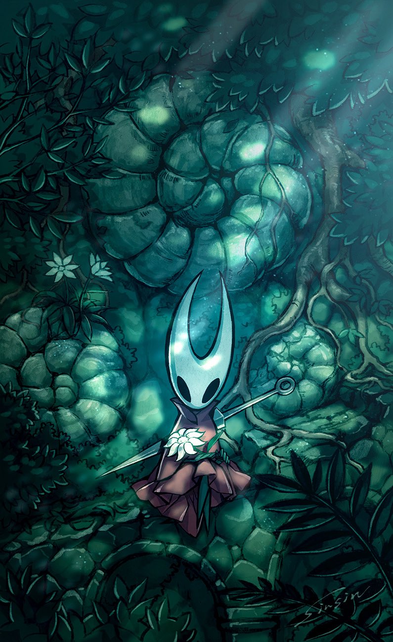 mamoru mikokoro, hornet (hollow knight), hollow knight, highres, 1girl, cloak, dappled sunlight, flower, nature, needle (hollow knight), plant, plant roots, red cloak, sitting, solo, sunlight, white flower