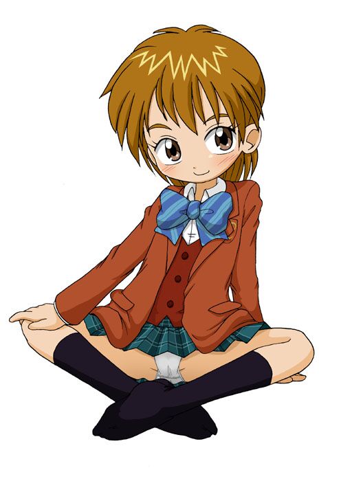 misumi nagisa, futari wa precure, precure, striped neckwear, 00s, 1girl, arm support, black socks, blouse, blue bow, blush, bow, bowtie, brown eyes, brown hair, chibi, female focus, long sleeves, panties, pantyshot, pleated skirt, school uniform, serafuku, shirt, short hair, simple background, sitting, skirt, socks, solo, striped bow, striped bowtie, striped clothes, underwear, upskirt, vest, white background, white panties