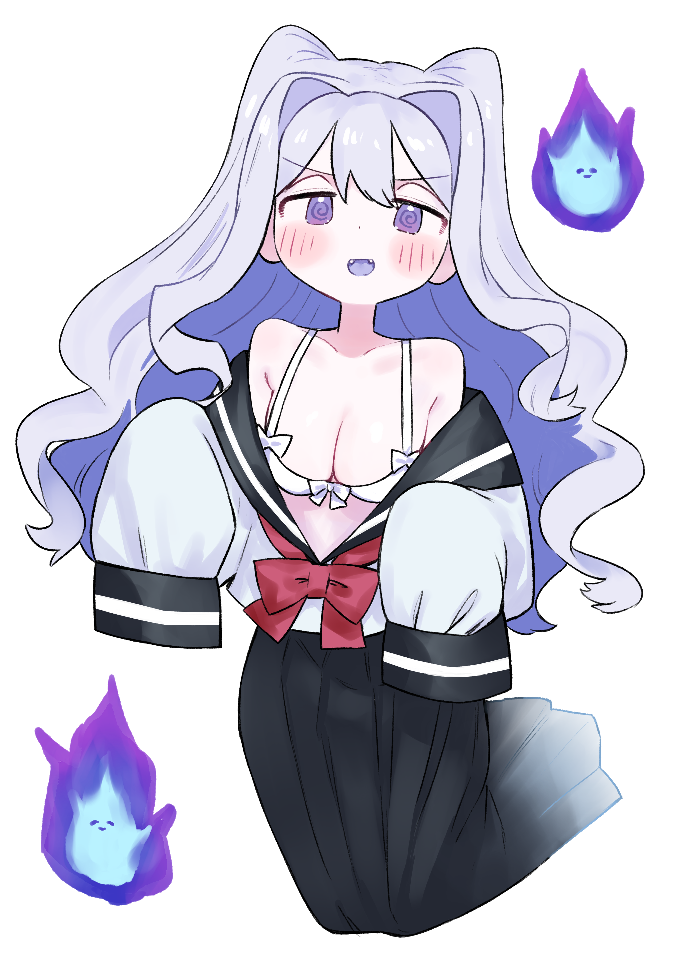 yabasoba, original, absurdres, commentary request, highres, 1girl, @ @, blush, bra, breasts, cleavage, fangs, floating, floating hair, ghost, hitodama, long hair, looking at viewer, medium breasts, off shoulder, open mouth, purple eyes, purple hair, school uniform, serafuku, skirt, solo, underwear