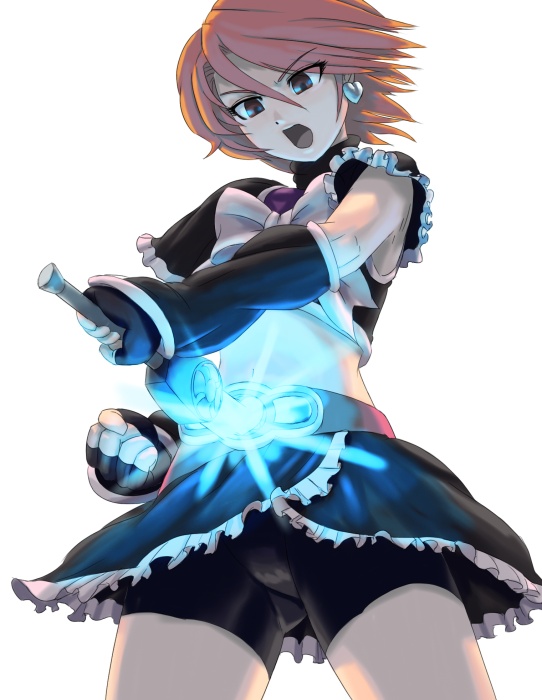 cure black, kamen rider black rx, misumi nagisa, futari wa precure, kamen rider, kamen rider black rx (series), precure, 1girl, belt, brown eyes, clenched hand, crossover, energy sword, female focus, from below, magical girl, orange hair, parody, shorts, shorts under skirt, simple background, solo, sword, weapon, white background