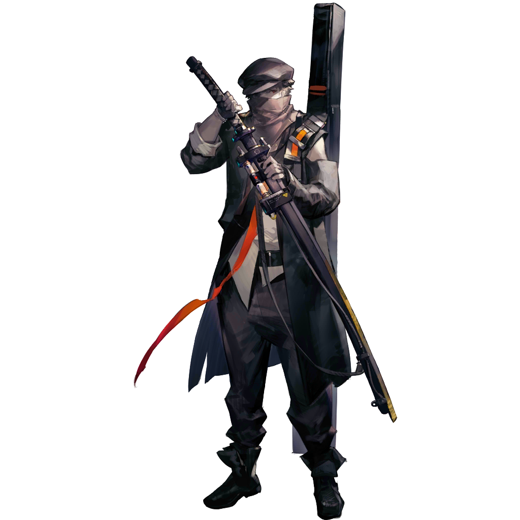 scorpion5050, arknights, official art, third-party source, 1boy, animal ears, arm warmers, bag, bandana, bandana over mouth, bear ears, belt, boots, brown hair, covered mouth, detached sleeves, drawing sword, fingerless gloves, full body, gloves, hat, holding, holding sword, holding weapon, katana, open clothes, orange trim, pants, red (npc) (arknights), red eyes, short hair, single bare shoulder, single detached sleeve, sword, tachi-e, weapon