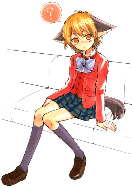 misumi nagisa, futari wa precure, precure, 00s, 1girl, :<, animal ears, blonde hair, blue bow, bow, brown eyes, dog ears, dog tail, female focus, school uniform, serafuku, solo, tail, white background