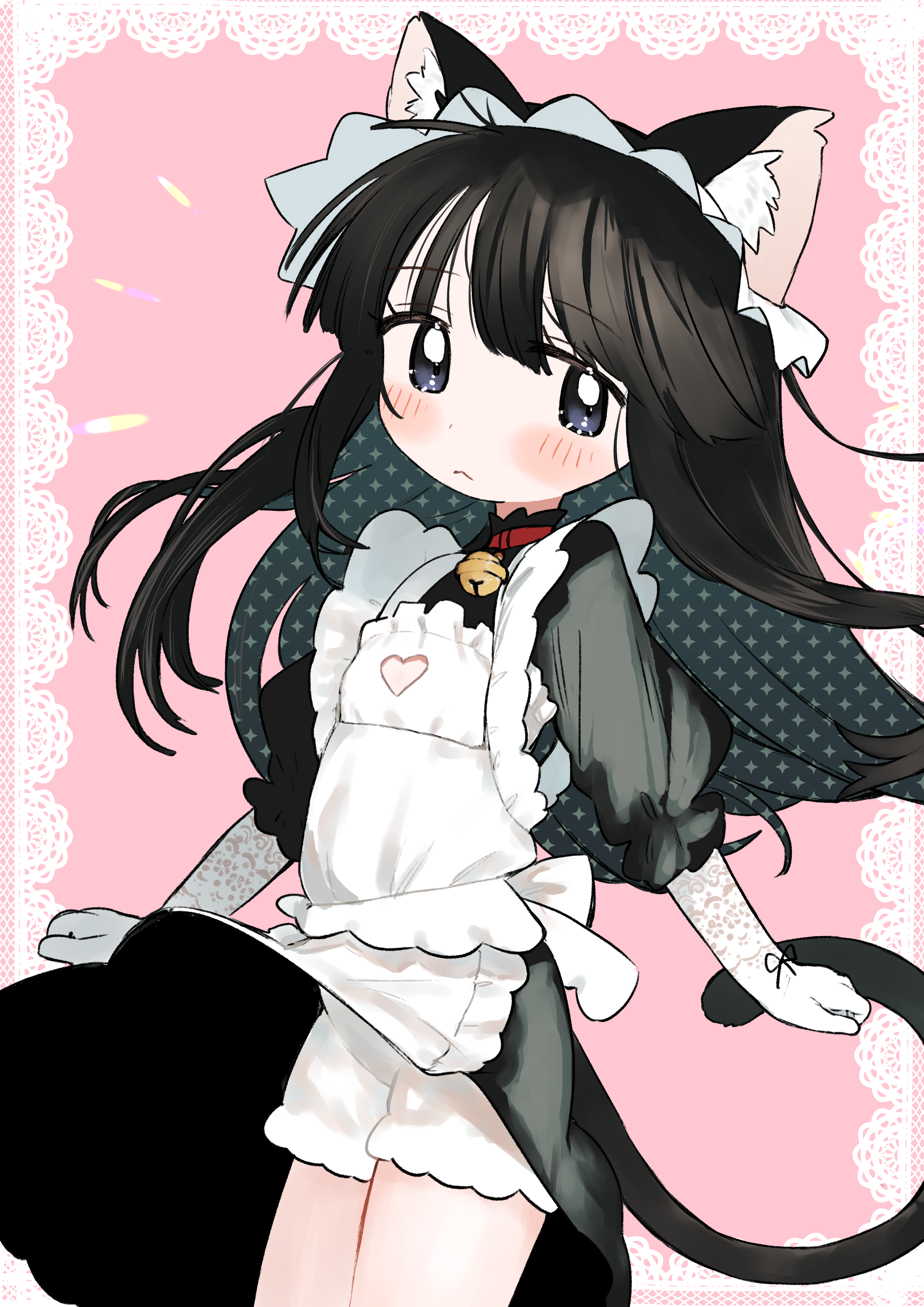 yabasoba, original, absurdres, commentary request, highres, 1girl, animal ears, black eyes, black hair, bloomers, blush, cat ears, cat tail, clothing cutout, dress, flat chest, frown, gloves, heart cutout, long hair, looking at viewer, maid, solo, tail, underwear, white bloomers