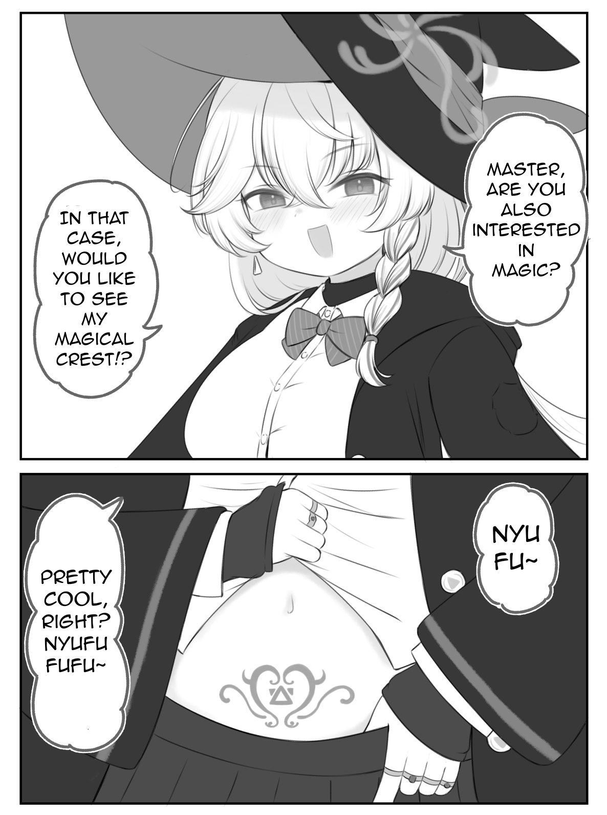 eri (blue archive), blue archive, bow, bowtie, braid, comic, halo, hat, jacket, long coat, long hair, pubic tattoo, shirt, skirt, sweater, tattoo, white hair, witch hat
