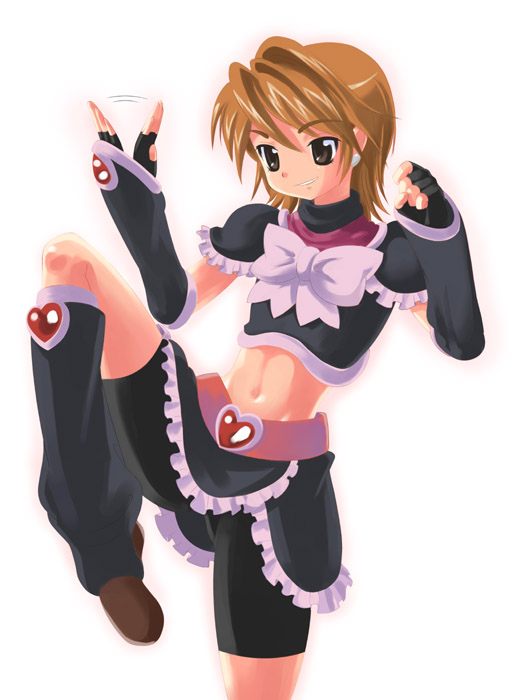 cure black, misumi nagisa, futari wa precure, precure, 00s, 1girl, arm warmers, belt, bike shorts, black boots, boots, brown eyes, brown hair, female focus, fingerless gloves, gloves, heart, magical girl, midriff, shorts, solo, stirrup legwear, toeless legwear