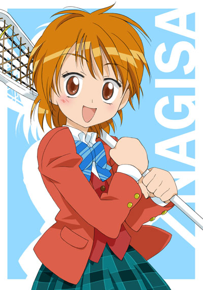 misumi nagisa, futari wa precure, precure, 00s, 1girl, blue bow, bow, brown eyes, brown hair, character name, female focus, lacrosse, lacrosse stick, school uniform, serafuku, solo