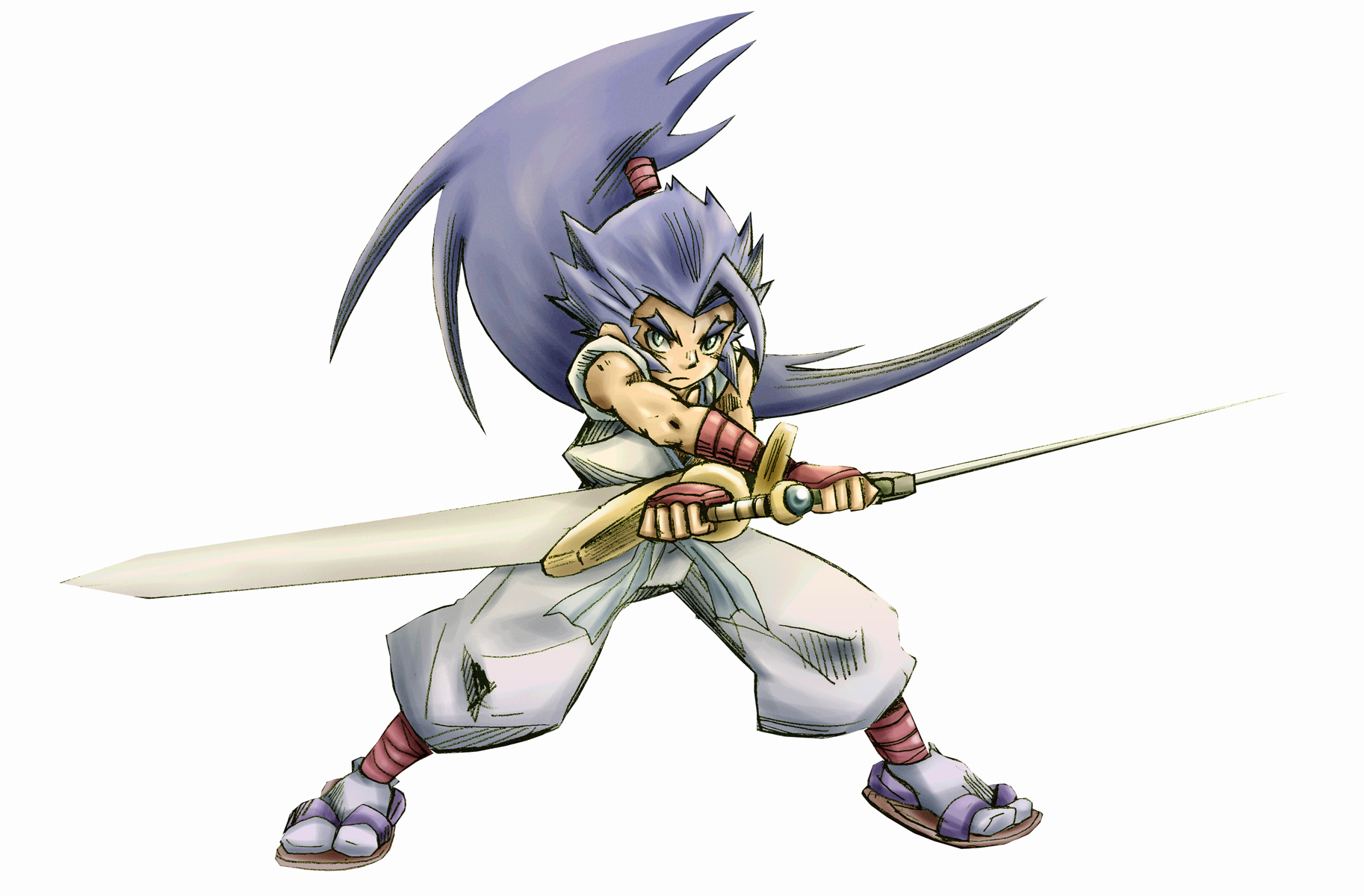 khunpol, musashi (musashiden), brave fencer musashiden, highres, 1boy, ahoge, blue hair, dual wielding, fighting stance, frown, holding, japanese clothes, katana, long hair, looking at viewer, male focus, ponytail, sandals, simple background, socks, solo, sword, very long hair, weapon, white background, white socks
