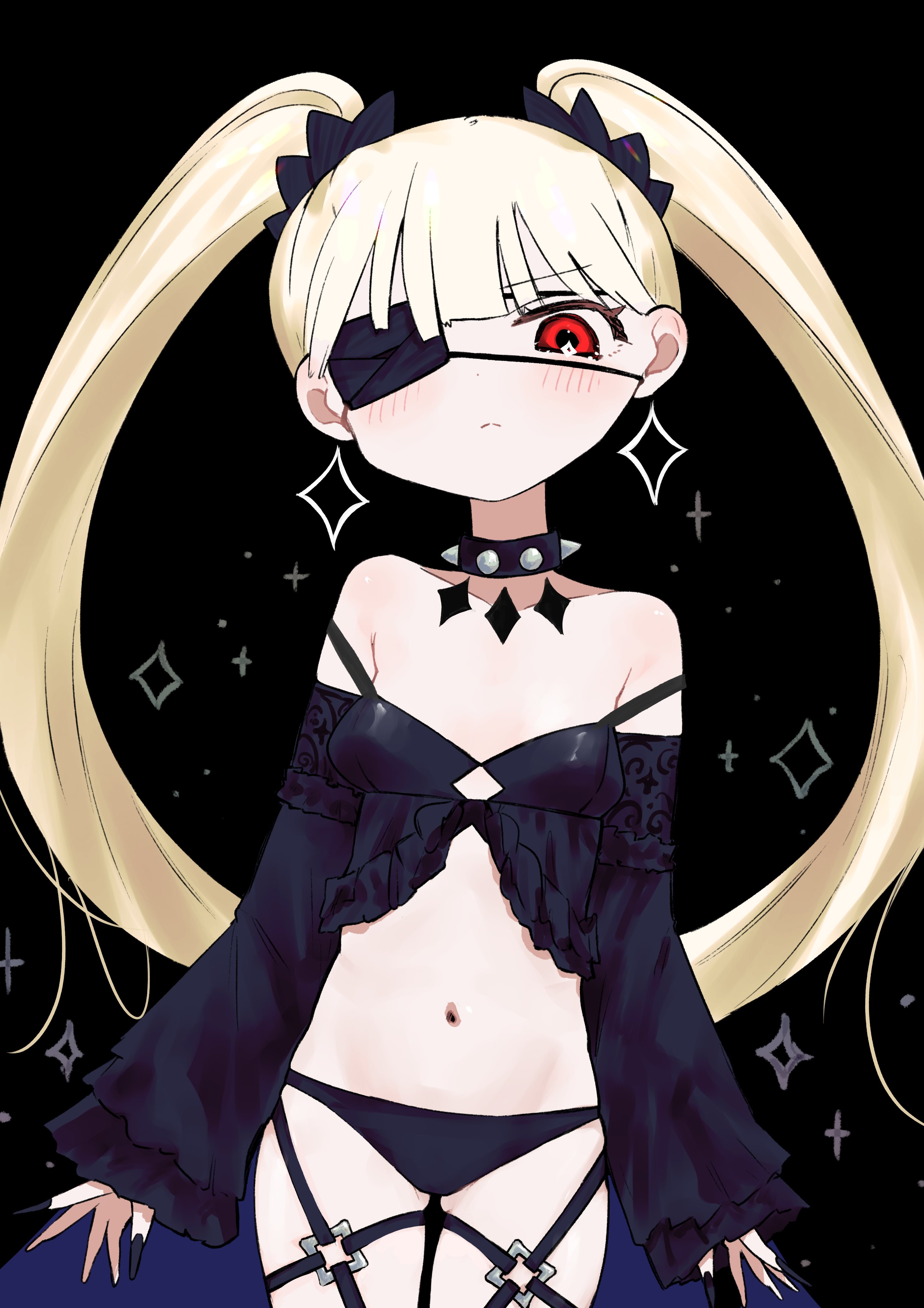 yabasoba, original, absurdres, commentary, highres, symbol-only commentary, 1girl, black background, black dress, black nails, black panties, blonde hair, choker, dress, eyepatch, fingernails, flat chest, long fingernails, long hair, looking at viewer, navel, panties, red eyes, revealing clothes, solo, spiked choker, spikes, thigh strap, twintails, underwear