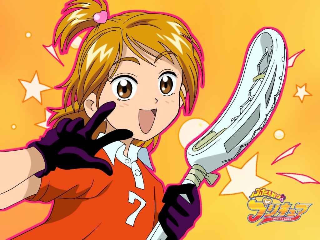 misumi nagisa, futari wa precure, precure, 00s, 1girl, brown eyes, brown hair, copyright name, female focus, lacrosse, lacrosse stick, logo, side ponytail, solo, v