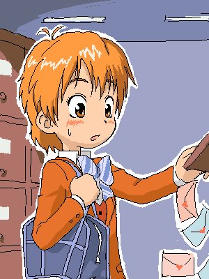 misumi nagisa, futari wa precure, precure, striped neckwear, lowres, 00s, 1girl, blue bow, blush, bow, bowtie, brown eyes, female focus, letter, long sleeves, love letter, orange hair, school uniform, serafuku, solo, striped bow, striped bowtie, striped clothes