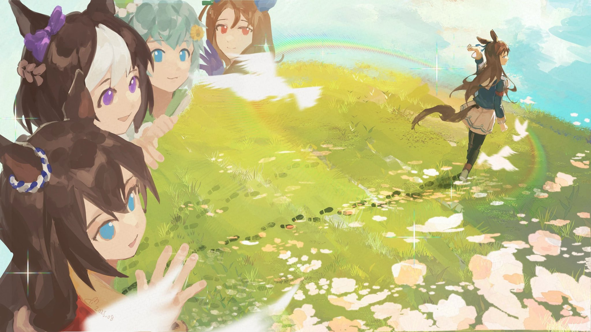 el condor pasa (umamusume), grass wonder (umamusume), king halo (umamusume), seiun sky (umamusume), special week (umamusume), umamusume, highres, 5girls, animal ears, armband, asymmetrical footwear, bird, black pantyhose, blue eyes, blue jacket, blue sky, boots, bow, breasts, brown hair, closed mouth, cloud, dove, dress, ear bow, ear covers, ear ornament, ear ribbon, field, flower, flying, footprints, golden generation (umamusume), grass, grey hair, hair between eyes, hair flower, hair ornament, horse ears, horse girl, horse tail, jacket, long hair, long sleeves, mismatched footwear, multicolored hair, multiple girls, outdoors, pantyhose, purple eyes, rainbow, red armband, red eyes, red jacket, sailor collar, short hair, sirius ica, sky, smile, tail, two-tone hair, upper body, white dress, white hair, white sailor collar