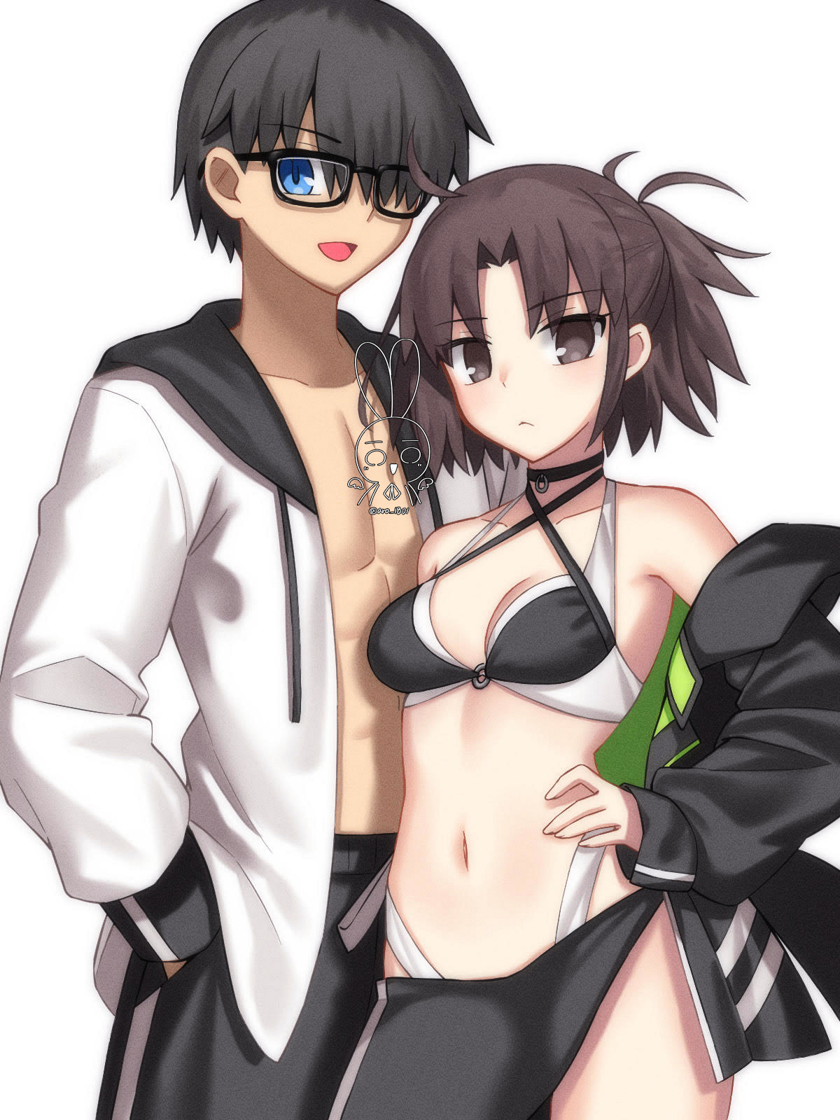 aro 1801, kokutou mikiya, ryougi shiki, fate/grand order, fate (series), kara no kyoukai, highres, 1boy, 1girl, ahoge, bare shoulders, bikini, black bikini, black hair, black jacket, black shorts, blue eyes, breasts, brown hair, choker, cleavage, glasses, grey eyes, jacket, long sleeves, looking at viewer, medium breasts, multicolored bikini, navel, off shoulder, parted bangs, ryougi shiki (swimsuit mooncancer) (first ascension), sarong, short hair, shorts, swimsuit, thighs, two-tone bikini, white bikini, white jacket