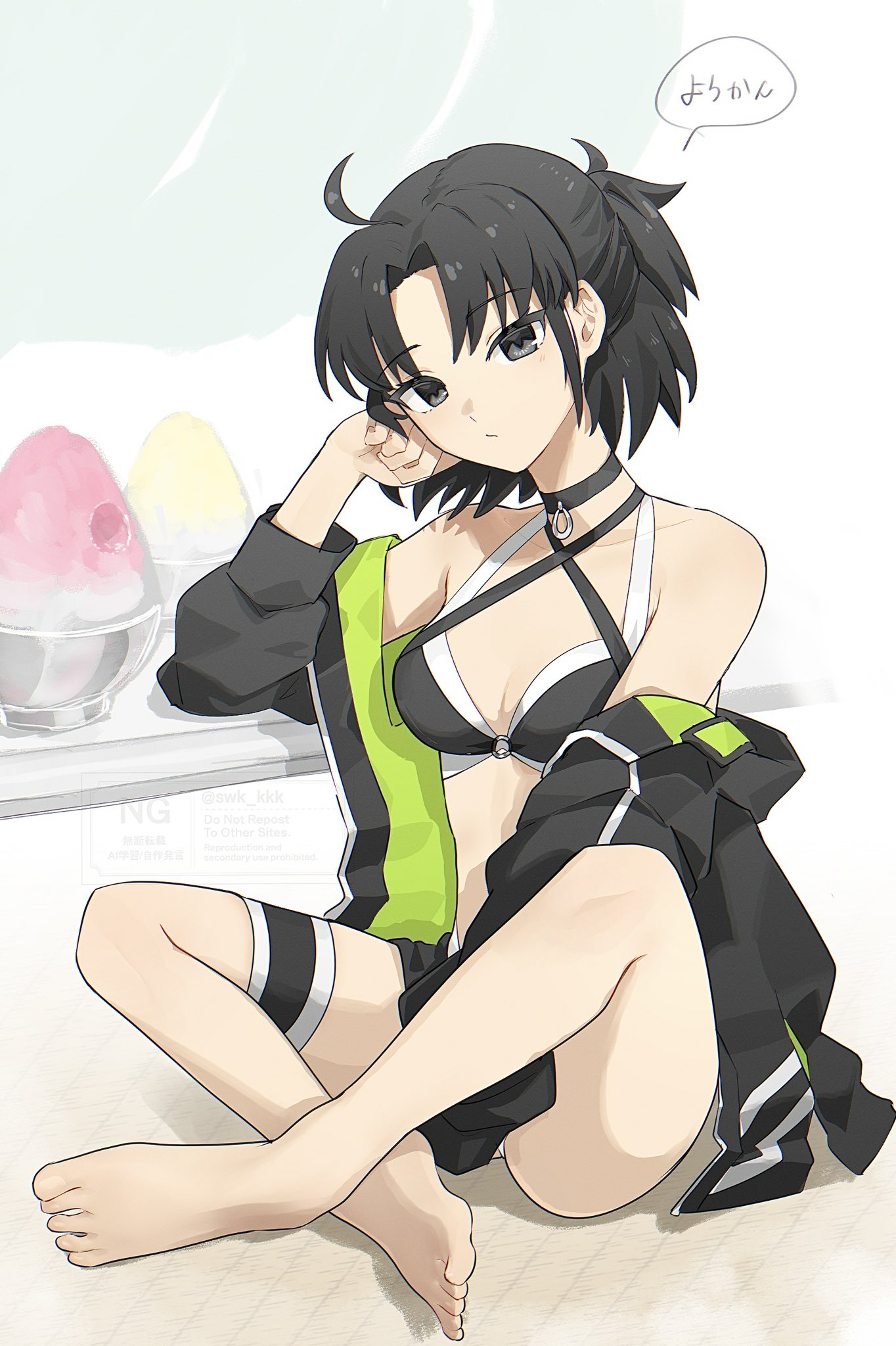 suwa (swk kkk), ryougi shiki, fate/grand order, fate (series), highres, translation request, 1girl, ahoge, bare shoulders, barefoot, bikini, black bikini, black hair, black jacket, breasts, choker, cleavage, food, grey eyes, jacket, long sleeves, looking at viewer, medium breasts, multicolored bikini, off shoulder, parted bangs, ryougi shiki (swimsuit mooncancer) (first ascension), sarong, shaved ice, short hair, sitting, speech bubble, swimsuit, two-tone bikini, white bikini