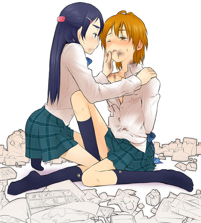 minakata sunao, misumi nagisa, yukishiro honoka, futari wa precure, precure, 00s, 2girls, bdsm, blush, bondage, bound, bound wrists, brown eyes, brown hair, chocolate, dirty, long hair, multiple girls, purple hair, short hair, socks, valentine, white background, yuri