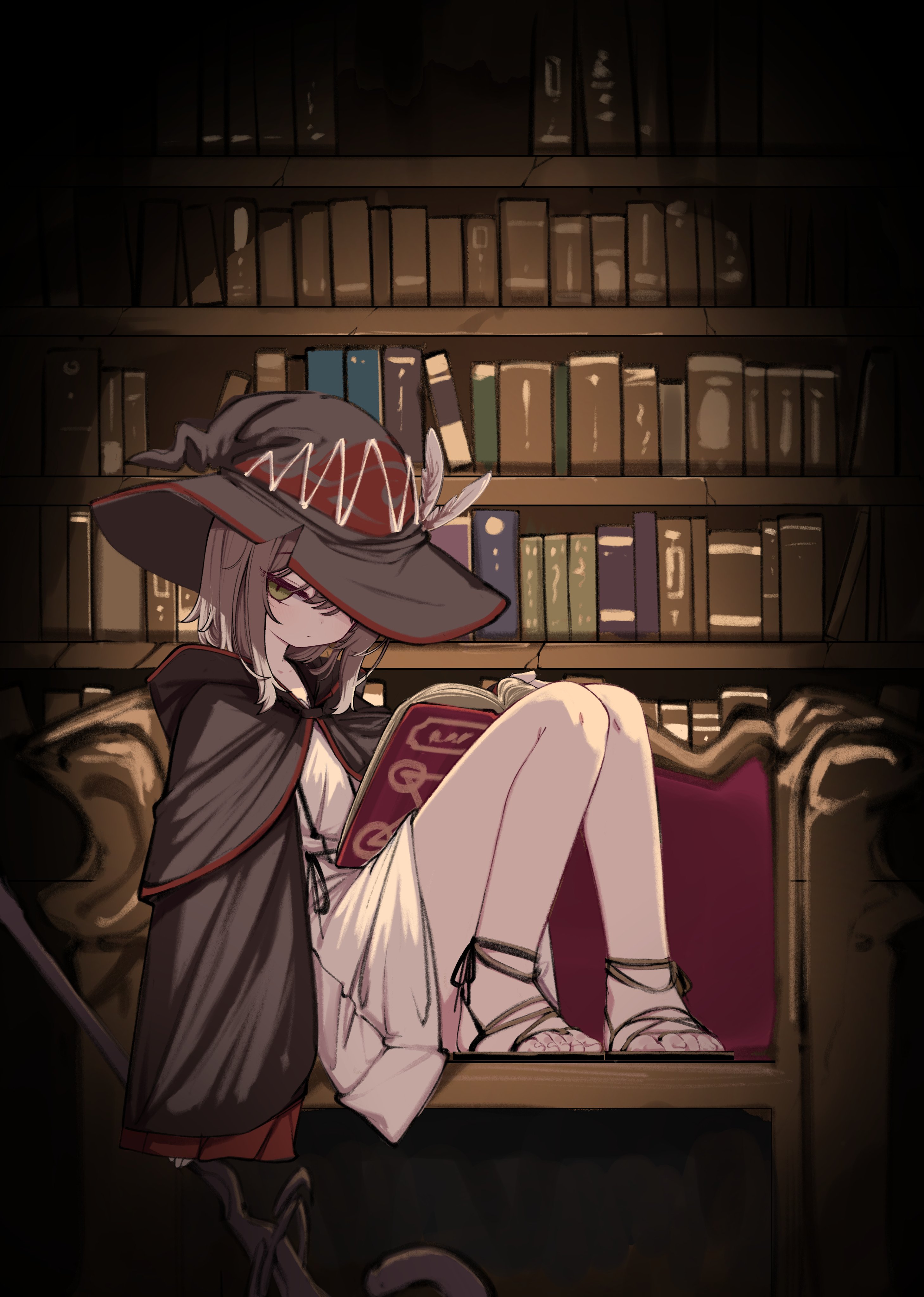 kimhiro, original, absurdres, highres, 1girl, black cloak, brown hair, cloak, expressionless, flat chest, green eyes, hat, holding, holding staff, library, one eye covered, reading, robe, sandals, sitting, sleeves past wrists, solo, staff, toes, white robe, witch, witch hat