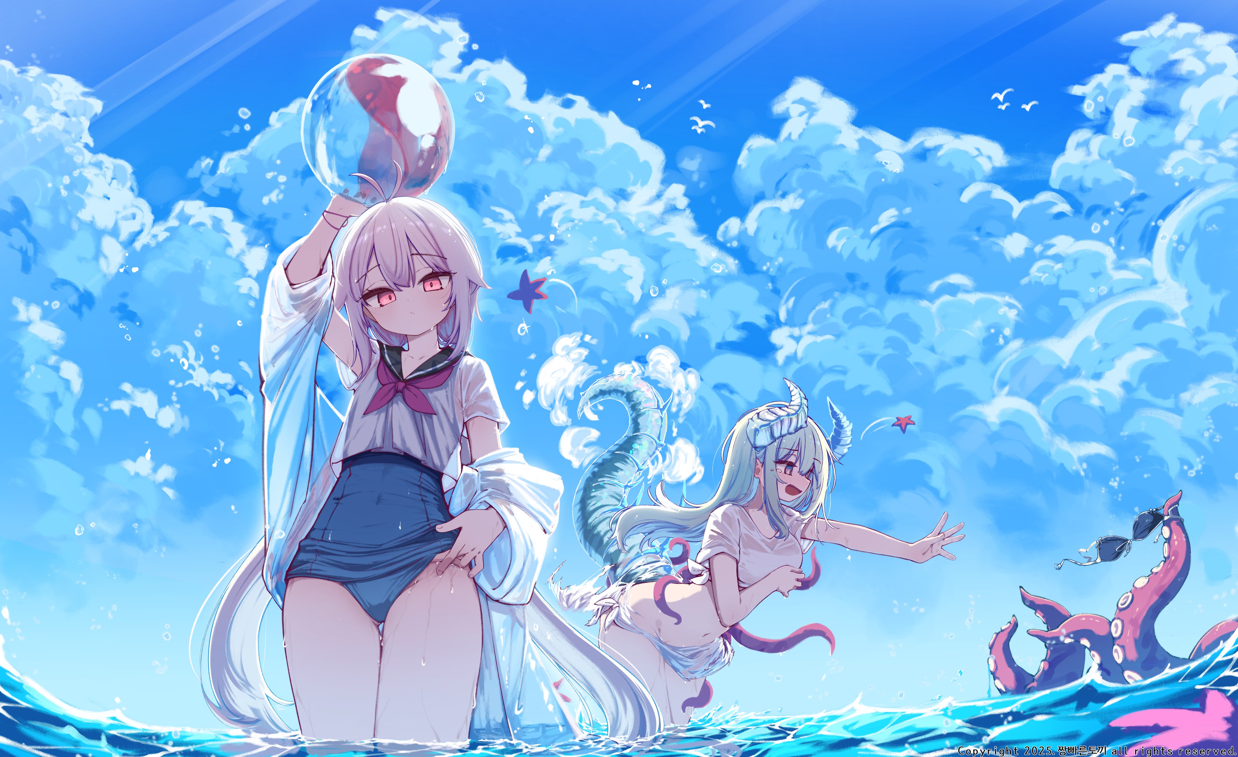 kimhiro, original, absurdres, highres, 2girls, antenna hair, ball, beachball, blue one-piece swimsuit, breasts, clothes lift, cloud, cloudy sky, dragon girl, dragon horns, dragon tail, expressionless, flat chest, flustered, from below, glowing, glowing eyes, gluteal fold, green hair, holding, holding ball, holding beachball, horns, long hair, looking at viewer, multiple girls, ocean, octopus, off shoulder, one-piece swimsuit, school uniform, see-through clothes, serafuku, sky, swimsuit, tail, tearing up, tentacles, very long hair, wet