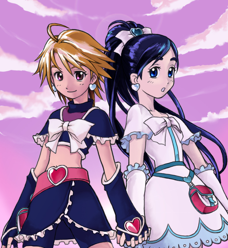 cure black, cure white, misumi nagisa, yukishiro honoka, futari wa precure, precure, 00s, 2girls, blue eyes, blue hair, brown hair, earrings, eyelashes, jewelry, long hair, magical girl, midriff, multiple girls, purple eyes, short hair
