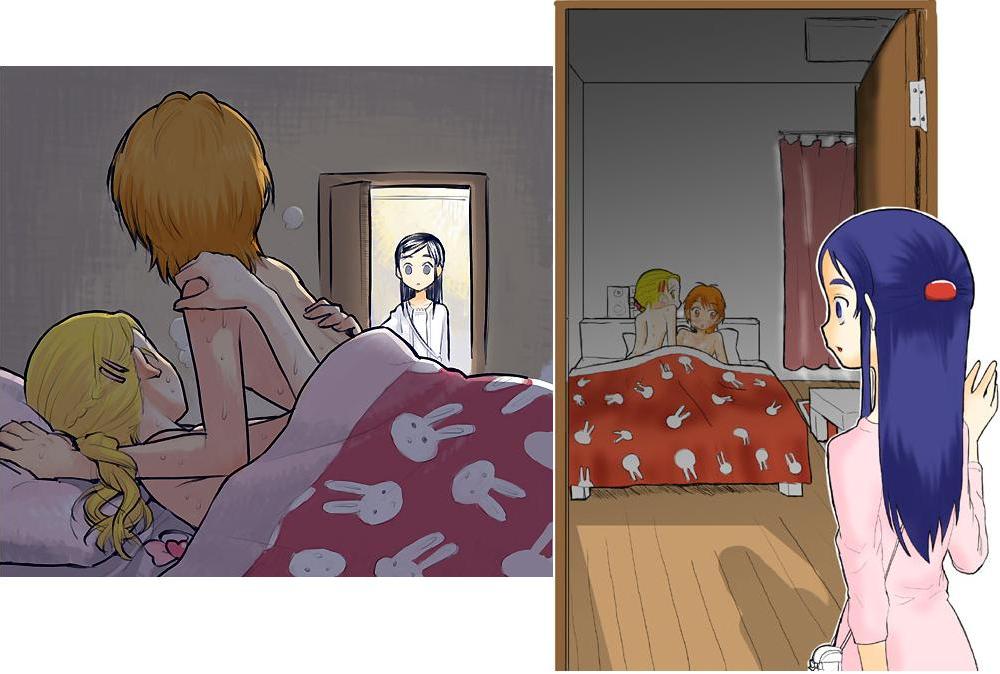 minakata sunao, kujou hikari, misumi nagisa, yukishiro honoka, futari wa precure, futari wa precure max heart, precure, jpeg artifacts, 00s, 3girls, bed, blonde hair, brown hair, caught, cheating (relationship), female focus, flat chest, meme, multiple girls, nude, precure netorare (meme), purple eyes, purple hair, sweat, topless female, walk-in, yuri