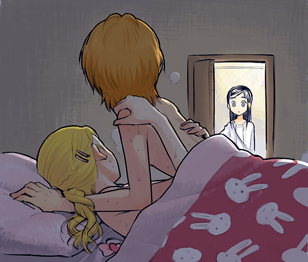 minakata sunao, kujou hikari, misumi nagisa, yukishiro honoka, futari wa precure, futari wa precure max heart, precure, french braid, 00s, 3girls, animal print, back, bag, bed, black hair, blanket, blonde hair, bow, braid, breath, brown hair, caught, cheating (relationship), convenient censoring, door, empty eyes, eye contact, flat chest, girl on top, grey eyes, hair down, hair ornament, hairclip, hand on another's shoulder, handbag, heart, hug, indoors, long hair, looking at another, lying, meme, multiple girls, nude, on back, on bed, on stomach, open door, orange hair, pillow, precure netorare (meme), purple eyes, rabbit print, short hair, standing, surprised, sweat, swept bangs, under covers, unworn hair ornament, walk-in, yuri