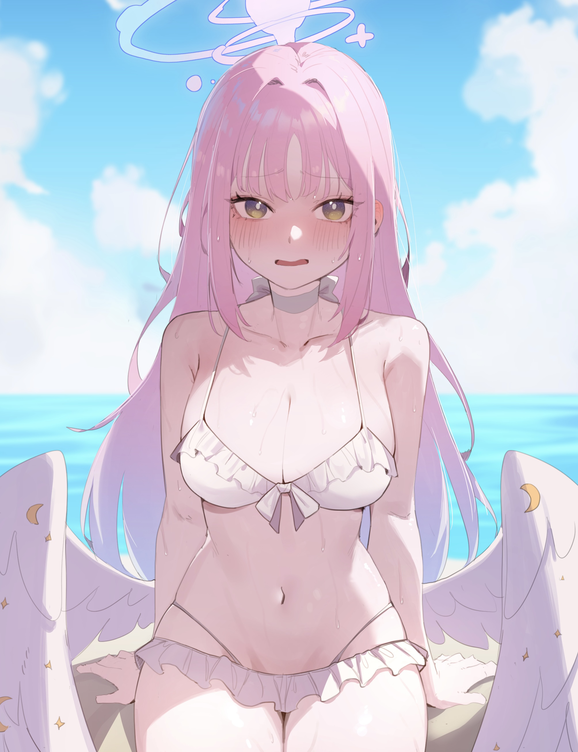 heoningu, mika (blue archive), mika (swimsuit) (blue archive), blue archive, absurdres, highres, 1girl, angel wings, bare arms, bare shoulders, beach, bikini, blush, breasts, cleavage, cloud, collarbone, embarrassed, feathered wings, frilled bikini, frilled bikini top, frills, halo, large breasts, long hair, looking at viewer, low wings, navel, ocean, official alternate costume, official alternate hairstyle, open mouth, pink hair, pink halo, stomach, swimsuit, very long hair, wet, wing ornament, wings