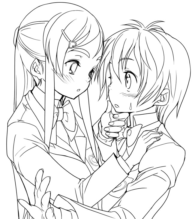 akaga hirotaka, misumi nagisa, yukishiro honoka, futari wa precure, precure, 00s, 2girls, blazer, blush, bow, bowtie, fingernails, grabbing another's chin, greyscale, hair ornament, hairclip, hand on another's chin, heart, hug, imminent kiss, jacket, lineart, long fingernails, long hair, monochrome, multiple girls, nail (hardware), open mouth, ponytail, school uniform, short hair, simple background, surprised, sweatdrop, white background, yuri