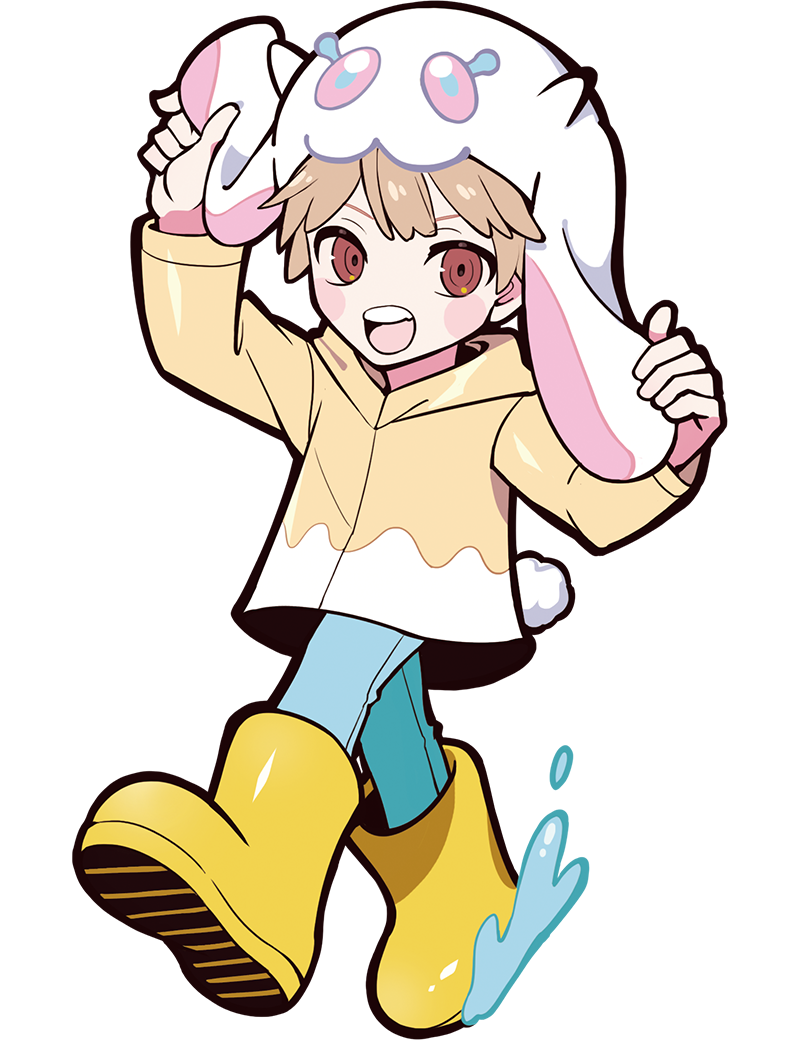 puppeteer7777, crazy raccoon, official art, second-party source, 1boy, animal ears, animal hat, anime coloring, aqua pants, blush stickers, boots, brown coat, brown eyes, brown hair, brown hood, brown sleeve cuffs, brown sleeves, coat, denim, eyes over blush, fake animal ears, fake tail, floppy ears, full body, gradient boots, hat, holding ears, hood, hood down, hooded coat, jeans, looking at viewer, lop rabbit ears, male focus, multicolored coat, open mouth, pants, rabbit ear hat, rabbit ears, rabbit hat, rabbit tail, raincoat, rebirth (crazy raccon), rubber boots, short hair, sleeve cuffs, solo, splashing, tachi-e, tail, teeth, thick lineart, tongue, transparent background, two-tone coat, upper teeth only, walking, water, white coat, white hat, white tail, yellow boots