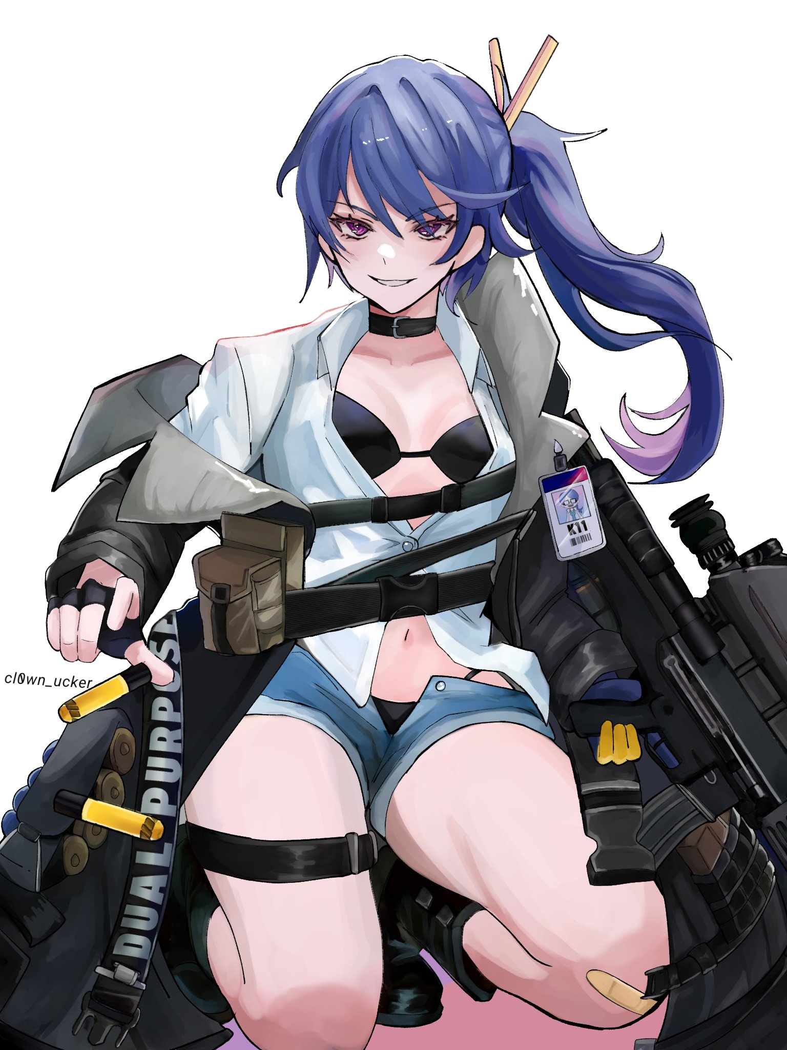 k11 (girls' frontline), girls' frontline, commentary, english commentary, highres, 1girl, artist name, assault rifle, bikini, bikini under clothes, black bikini, black coat, black collar, black gloves, blue hair, bolt action, bullpup, clothes pin, clothes writing, coat, collar, collared shirt, daewoo k11, denim, denim shorts, doosimpshmirtz, dress shirt, fingerless gloves, gloves, grenade launcher, gun, holding, holding gun, holding weapon, id card, long hair, looking at viewer, navel, open clothes, open coat, open fly, purple eyes, rifle, shirt, short shorts, shorts, shotgun shell, side ponytail, simple background, smile, solo, swimsuit, twitter username, weapon, white background, white mouth, white shirt
