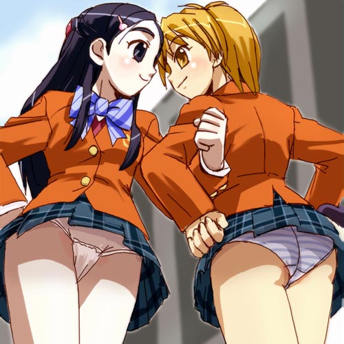 haruyama kazunori, misumi nagisa, yukishiro honoka, futari wa precure, precure, striped neckwear, lowres, 00s, 2girls, ass, blazer, blue bow, blue panties, blush, bow, bowtie, brown eyes, eye contact, jacket, long hair, looking at another, multiple girls, orange hair, panties, pantyshot, plaid clothes, plaid skirt, pleated skirt, purple eyes, purple hair, school uniform, short hair, skirt, standing, striped bow, striped bowtie, striped clothes, striped panties, underwear, upskirt, white panties, yuri
