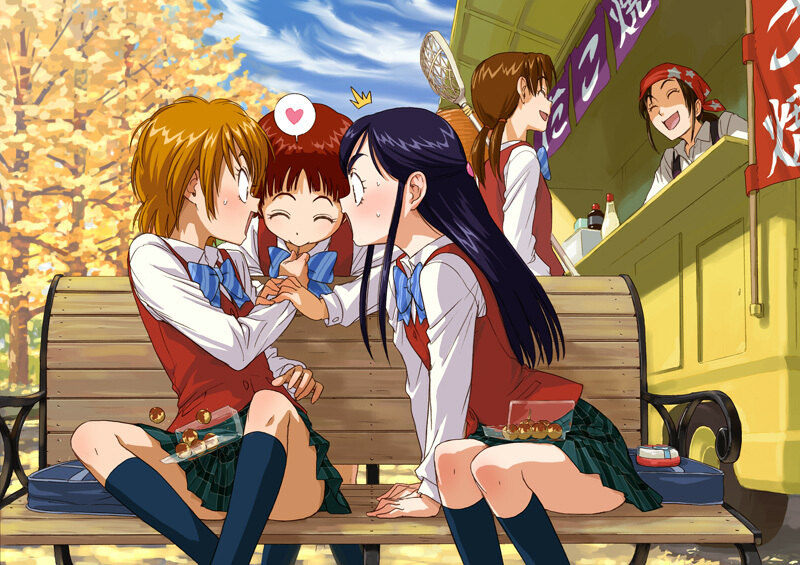 naruko hanaharu, fujita akane, kubota shiho, kujou akane, misumi nagisa, takashimizu rina, yukishiro honoka, futari wa precure, precure, 00s, 4girls, bench, blue bow, bow, brown hair, food, lacrosse, long hair, multiple girls, orange hair, outdoors, purple hair, red hair, school uniform, short hair, sky, takoyaki