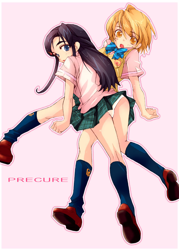 misumi nagisa, yukishiro honoka, futari wa precure, precure, striped neckwear, 00s, 2girls, black socks, blouse, blue eyes, bow, bowtie, copyright name, long hair, multiple girls, orange eyes, orange hair, outline, panties, pantyshot, pink background, plaid clothes, plaid skirt, pleated skirt, purple hair, school uniform, serafuku, shirt, shoes, short hair, simple background, skirt, socks, striped bow, striped bowtie, striped clothes, underwear, upskirt, vest, white panties, yuri