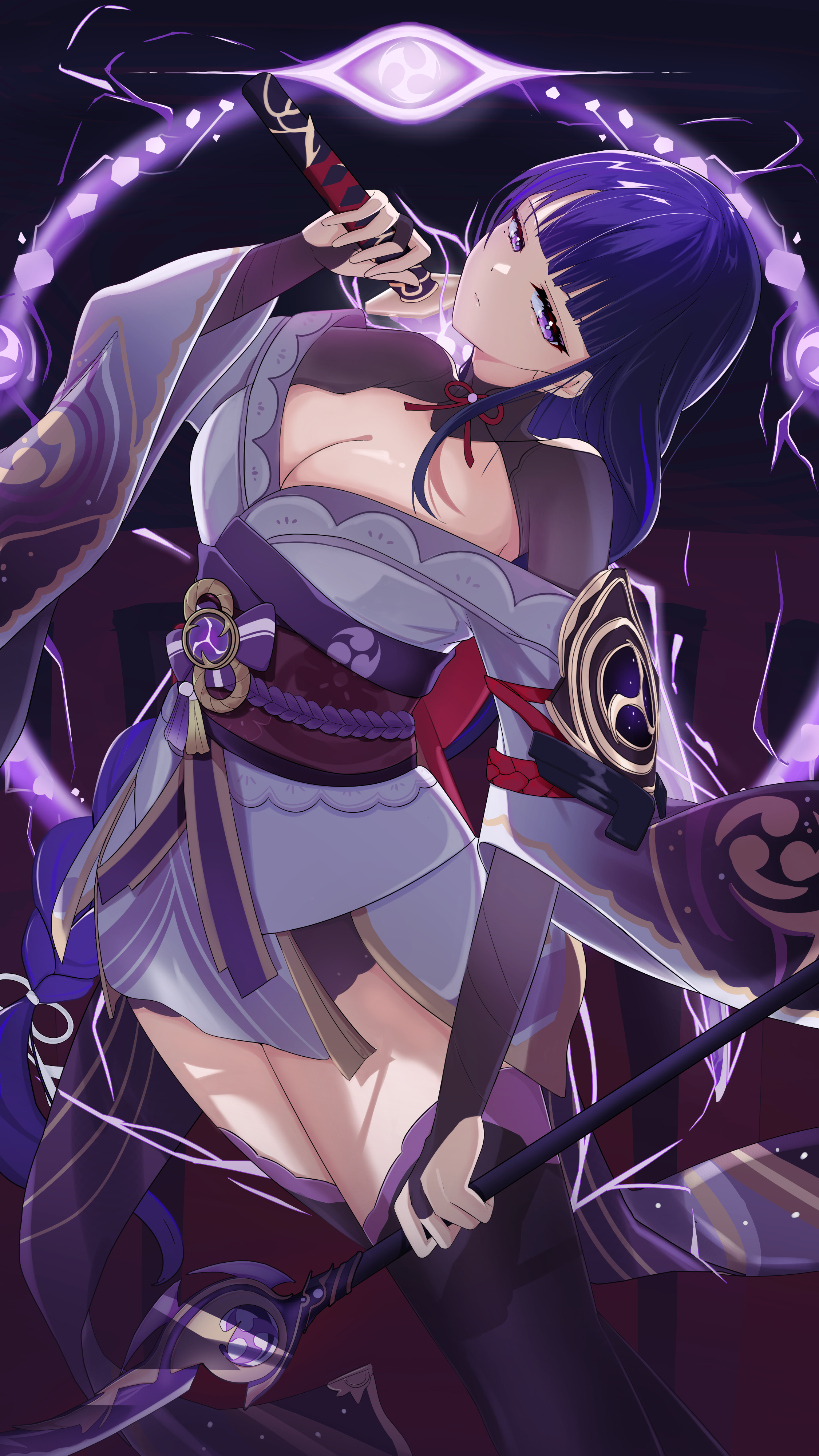 hanatsuki kia, raiden shogun, genshin impact, absurdres, clip studio paint (medium), commentary request, highres, 1girl, armor, asymmetrical sleeves, black panties, blue pupils, blunt bangs, blurry, blurry background, braid, breasts, bridal gauntlets, cleavage, closed mouth, clothing cutout, electricity, engulfing lightning (genshin impact), floating, from side, glowing, glowing sword, glowing weapon, hair ornament, head tilt, holding, holding polearm, holding sword, holding weapon, japanese clothes, kimono, large breasts, leaning to the side, long braid, long hair, looking at viewer, looking to the side, mitsudomoe (shape), mole, mole under eye, multicolored eyes, multicolored hair, musou isshin (genshin impact), off shoulder, over shoulder, panties, polearm, powering up, purple eyes, purple hair, purple kimono, red sash, sash, shade, shoulder armor, shoulder cutout, sideboob, single braid, solo, streaked hair, sword, tomoe (symbol), underwear, uneven sleeves, upper body, weapon, weapon over shoulder, wide sleeves