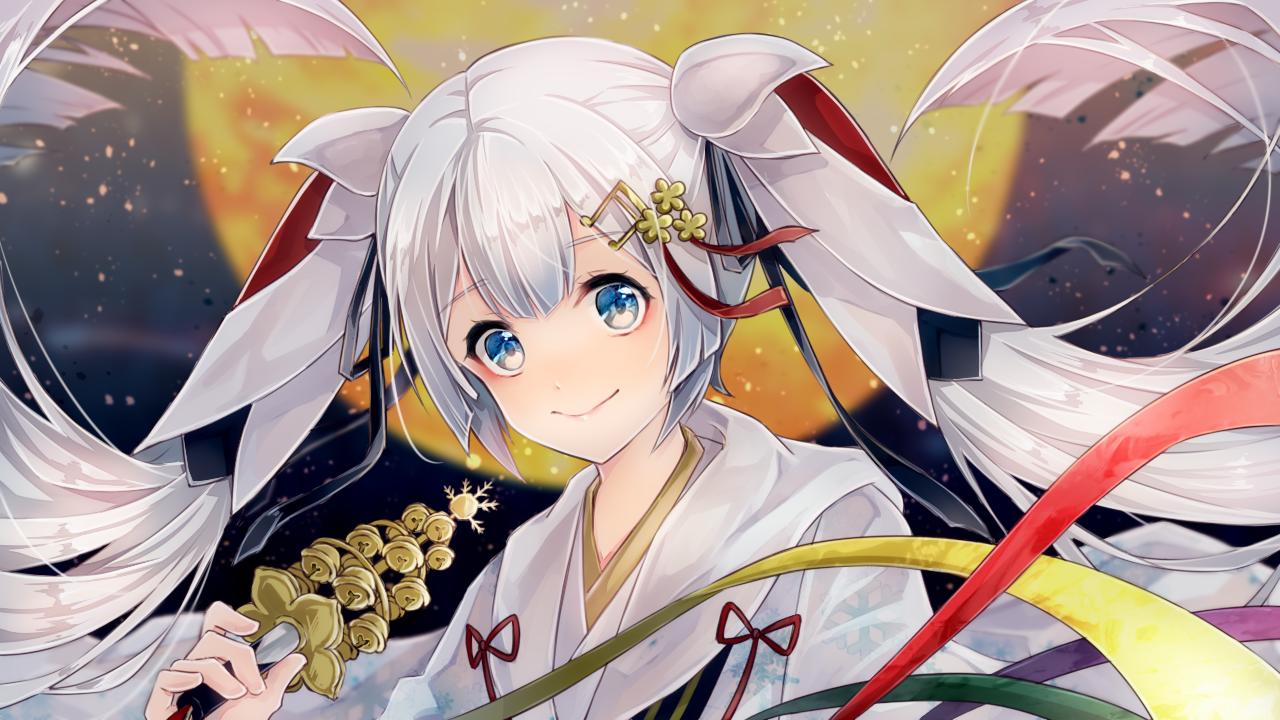 gesumasuku, hatsune miku, yuki miku, yuki miku (2018), vocaloid, 1girl, aqua eyes, bell, blush, chihaya (clothing), closed mouth, fortissimo, full moon, hair ornament, holding, holding bell, japanese clothes, jingle bell, kagura suzu, long hair, looking at viewer, miko, moon, musical note, musical note hair ornament, night, night sky, official alternate costume, official alternate hairstyle, ribbon, sky, smile, solo, twintails, upper body, very long hair, white hair