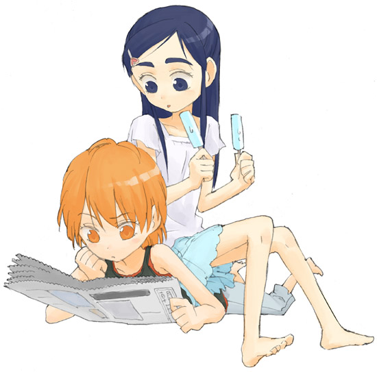 misumi nagisa, yukishiro honoka, futari wa precure, precure, 00s, 2girls, food, multiple girls, newspaper, orange eyes, orange hair, popsicle, purple eyes, purple hair, reading, simple background, white background