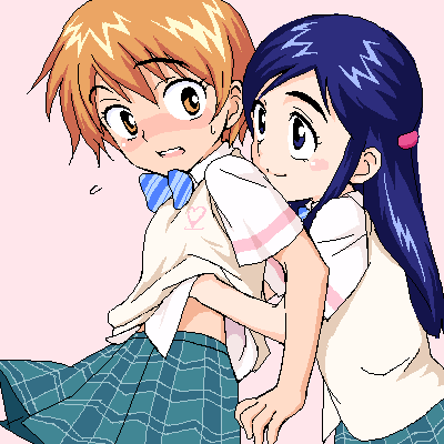 misumi nagisa, yukishiro honoka, futari wa precure, precure, striped neckwear, lowres, 00s, 2girls, blue bow, blush, bow, bowtie, breasts, brown eyes, brown hair, clothes lift, goosing, grabbing another's breast, groping, hand under clothes, hand under shirt, looking back, molestation, multiple girls, pleated skirt, purple eyes, purple hair, school uniform, serafuku, shirt, shirt lift, simple background, skirt, small breasts, striped bow, striped bowtie, striped clothes, yuri