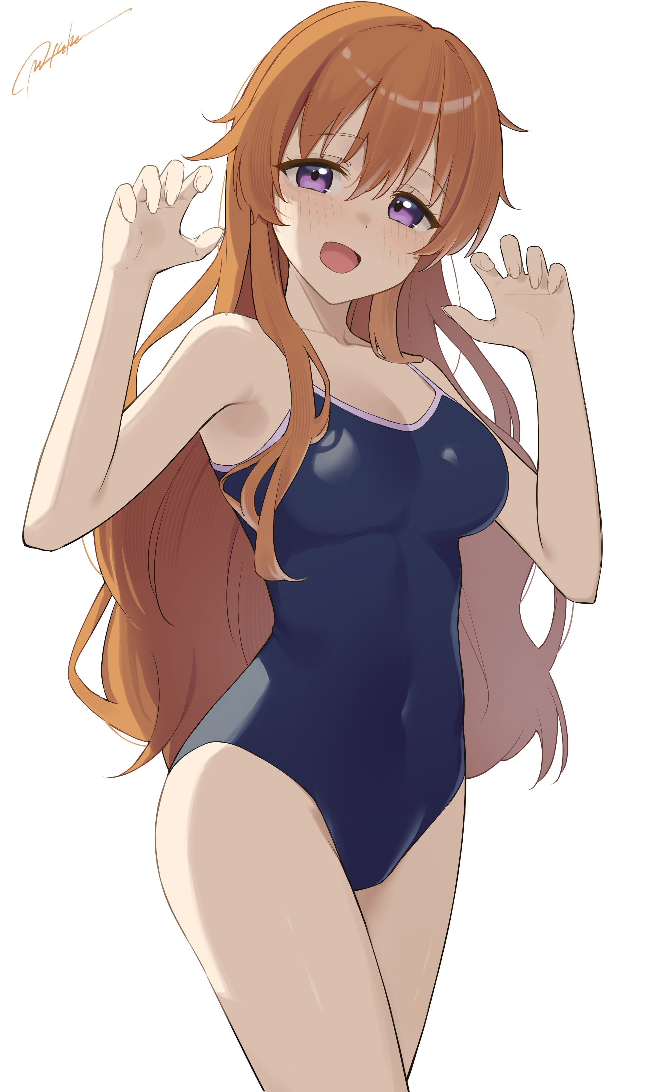 masami atabe, konoe kanata, love live!, love live! nijigasaki high school idol club, absurdres, highres, 1girl, black one-piece swimsuit, breasts, claw pose, covered navel, cowboy shot, curled fingers, long hair, looking at viewer, medium breasts, one-piece swimsuit, orange hair, purple eyes, simple background, smile, solo, standing, swimsuit, wavy hair, white background