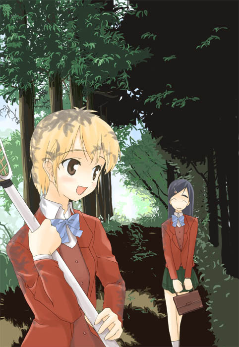 misumi nagisa, yukishiro honoka, futari wa precure, precure, striped neckwear, 00s, 2girls, blonde hair, blue bow, bow, bowtie, brown eyes, lacrosse, lacrosse stick, long sleeves, multiple girls, purple hair, school uniform, serafuku, short hair, striped bow, striped bowtie, striped clothes