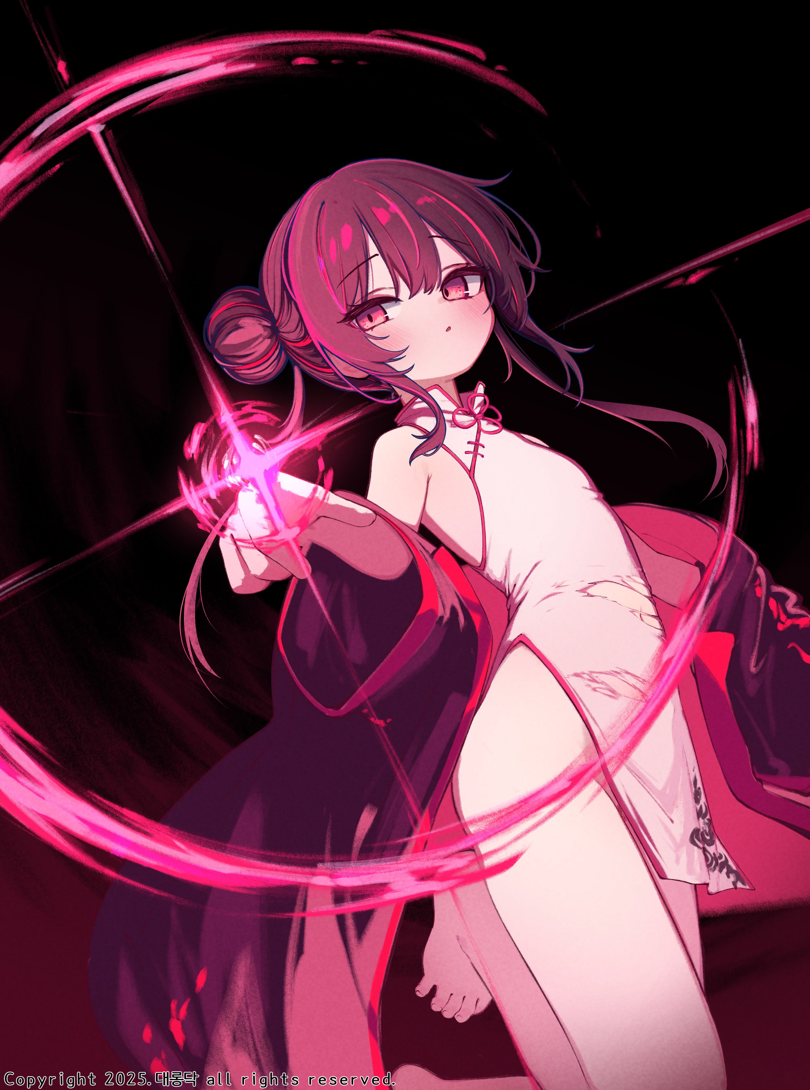 kimhiro, original, absurdres, highres, 1girl, bare shoulders, barefoot, black jacket, brown hair, china dress, chinese clothes, dress, energy, expressionless, flat chest, jacket, magic, multicolored hair, navel, off shoulder, pelvic curtain, pink eyes, pink hair, pointing, powering up, solo, stomach, toes, torn clothes, two-tone hair, white dress