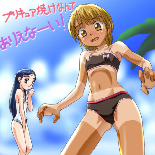 haruyama kazunori, cure black, cure white, misumi nagisa, yukishiro honoka, futari wa precure, precure, frilled swimsuit, lowres, translated, 00s, 2girls, :o, accessory tan, beach, between legs, bikini, black bikini, blonde hair, blue eyes, blue hair, blush, bow, brown eyes, casual one-piece swimsuit, clenched hand, cloud, cowboy shot, day, embarrassed, flat chest, frills, from side, hair ornament, hairclip, half updo, hand between legs, hand to own mouth, long hair, looking at viewer, looking back, looking down, multiple girls, navel, one-piece swimsuit, open mouth, outdoors, palm tree, purple eyes, purple hair, shirt tan, short hair, shorts tan, sky, smile, sports bikini, standing, surprised arms, swept bangs, swimsuit, tan, tanline, tanlines, tree, white one-piece swimsuit, wide hips, yellow eyes