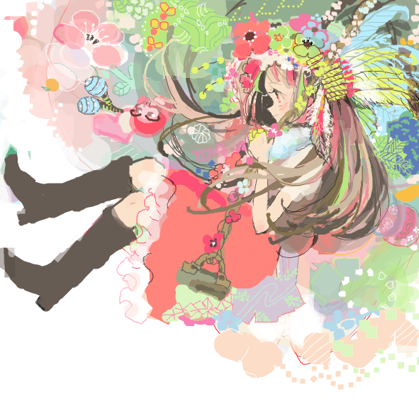 nucco, original, 1girl, black boots, blush, boots, brown hair, dress, feathers, flower, from side, full body, long hair, looking ahead, on swing, red dress, red eyes, smile, solo, swing, swinging on swing