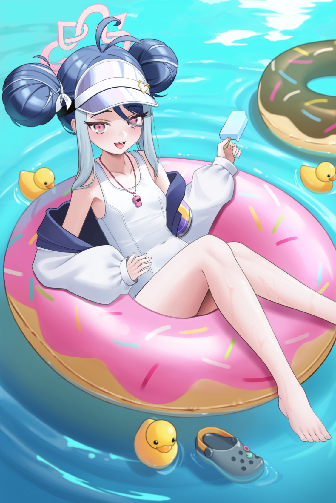 poyih, fubuki (blue archive), fubuki (swimsuit) (blue archive), blue archive, highres, 1girl, antenna hair, barefoot, blue hair, breasts, crocs, donut, donut innertube, double bun, food, hair bun, halo, jacket, multicolored hair, official alternate costume, one-piece swimsuit, open clothes, open jacket, open mouth, pink halo, popsicle, red eyes, rubber duck, school swimsuit, shoes, single shoe, small breasts, smile, solo, streaked hair, swimsuit, visor cap, water, whistle, whistle around neck, white jacket, white one-piece swimsuit