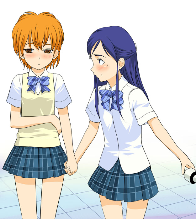 a1 (initial-g), misumi nagisa, yukishiro honoka, futari wa precure, precure, striped neckwear, 00s, 2girls, blush, bow, bowtie, brown eyes, couple, holding hands, multiple girls, orange hair, pleated skirt, purple hair, school uniform, serafuku, skirt, striped bow, striped bowtie, striped clothes, yuri