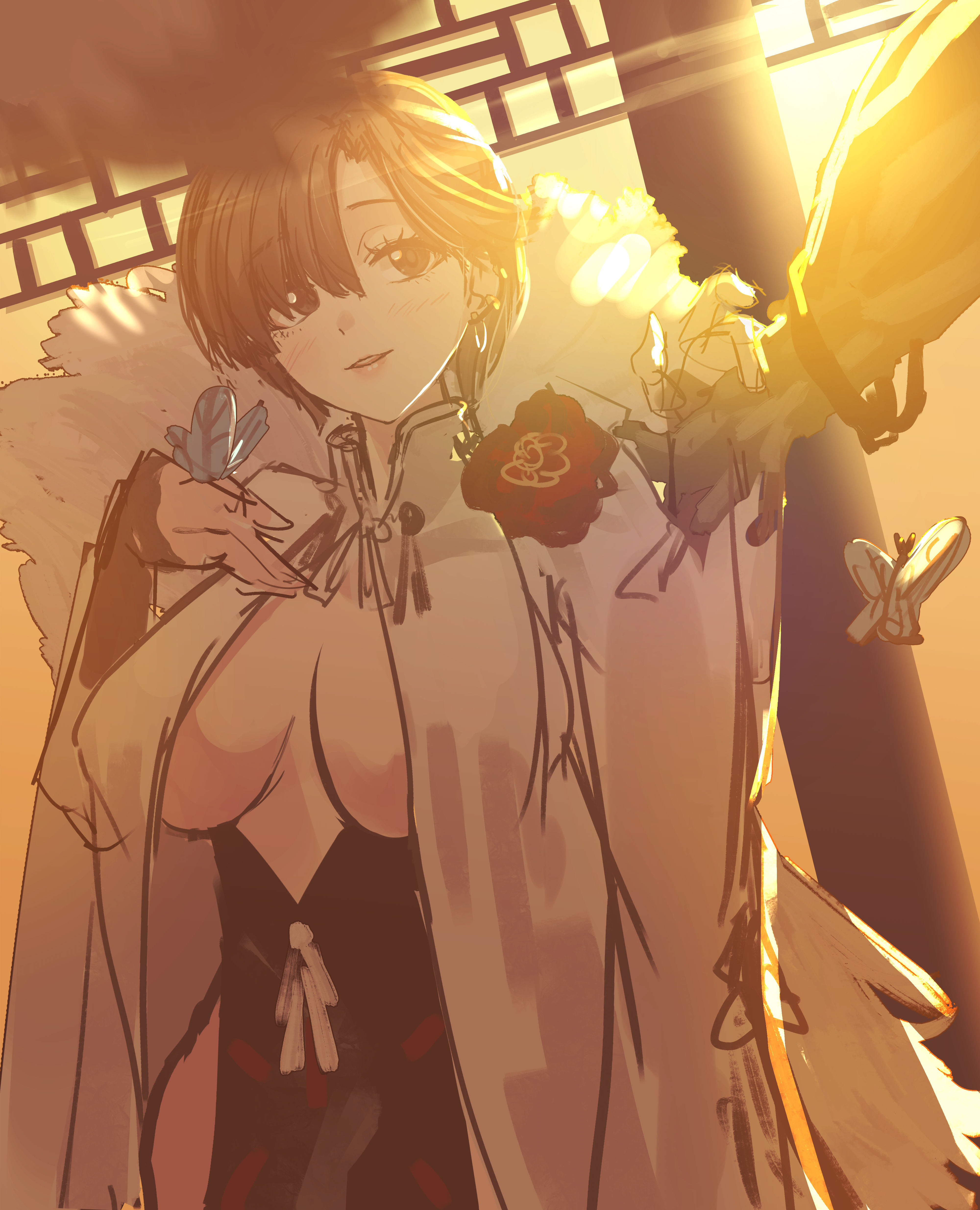 shibao aoyama, yu mei-ren (celebratory attire) (fate), yu mei-ren (fate), fate/grand order, fate (series), absurdres, highres, 1girl, black dress, breasts, brown eyes, brown hair, bug, butterfly, center opening, cleavage, coat, dress, earrings, flower, fur collar, holding hands, insect, jewelry, large breasts, long sleeves, pelvic curtain, short dress, short hair, smile, solo focus, white coat, wide sleeves