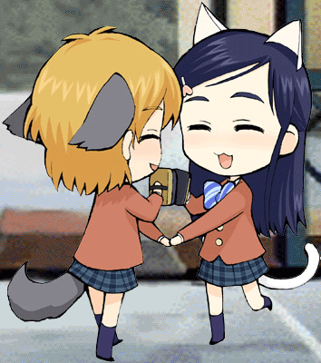 misumi nagisa, yukishiro honoka, futari wa precure, precure, striped neckwear, animated, animated gif, lowres, 00s, 2girls, animal ears, blue bow, bow, bowtie, brown hair, cat ears, cat tail, chibi, chibi only, dog ears, dog tail, eraser, long hair, long sleeves, multiple girls, purple hair, school uniform, serafuku, short hair, striped bow, striped bowtie, striped clothes, tail