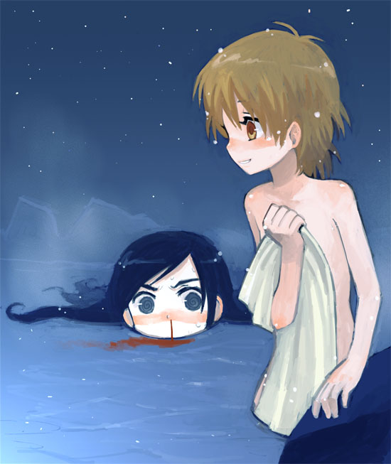 minakata sunao, misumi nagisa, yukishiro honoka, futari wa precure, precure, 00s, 2girls, blood, blue eyes, blue hair, brown eyes, brown hair, crazy eyes, female pervert, flat chest, long hair, multiple girls, nosebleed, ocean, onsen, pervert, short hair, staring, towel, yuri