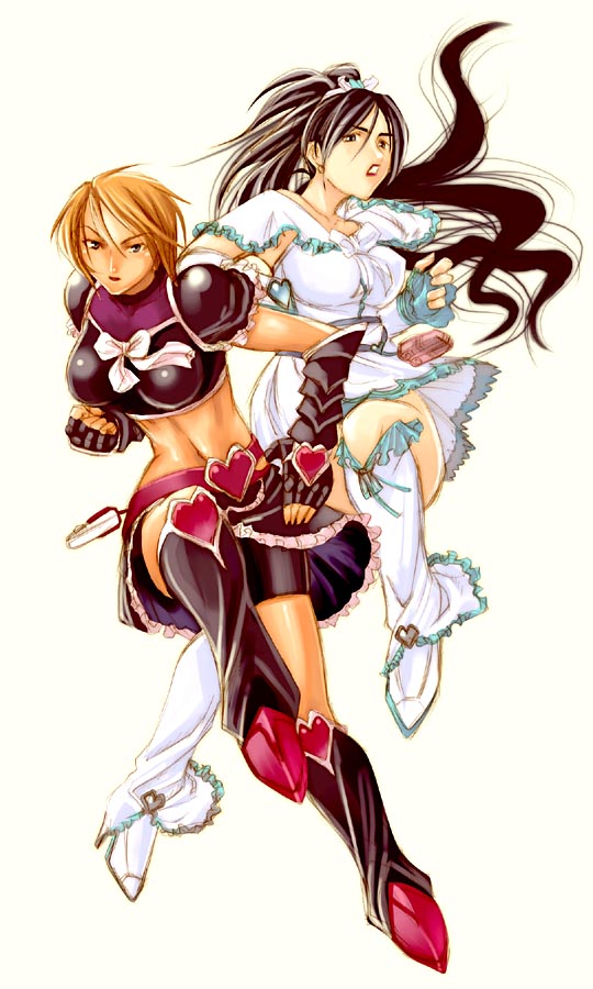 cure black, cure white, misumi nagisa, yukishiro honoka, futari wa precure, precure, black footwear, white footwear, 00s, 2girls, aged up, black hair, boots, breasts, brown hair, earrings, jewelry, knee boots, magical girl, midriff, multiple girls, shorts, shorts under skirt, simple background, white background