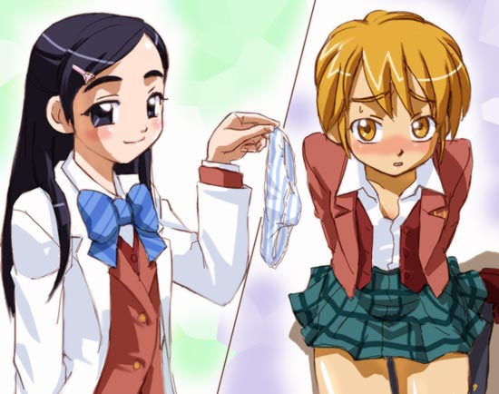 haruyama kazunori, misumi nagisa, yukishiro honoka, futari wa precure, precure, striped neckwear, 00s, 2girls, blue bow, blue panties, blush, bow, bowtie, brown eyes, brown hair, holding, holding panties, holding underwear, holding unworn clothes, long hair, long sleeves, multiple girls, panties, pleated skirt, purple eyes, purple hair, school uniform, serafuku, short hair, skirt, striped bow, striped bowtie, striped clothes, striped panties, underwear, yuri